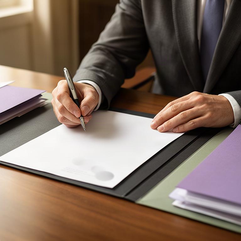 Abogado firmando una revisión de compromiso profesional en su mesa de trabajo