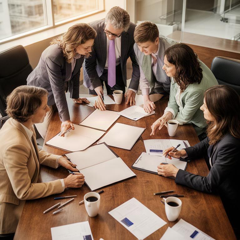 Reunión de profesionales jurídicos revisando un caso en una mesa de madera