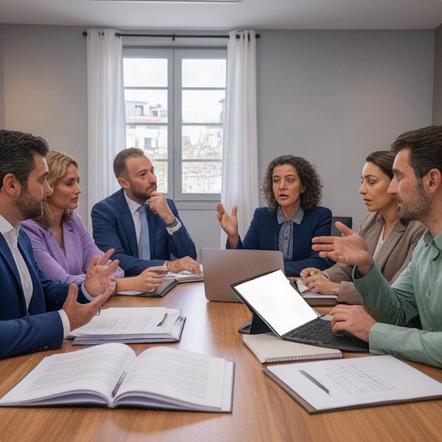 Equipo jurídico reunido alrededor de una mesa en una oficina asturiana