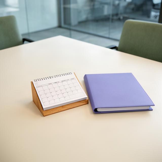 Calendario y carpeta de expediente sobre una mesa de reuniones jurídica