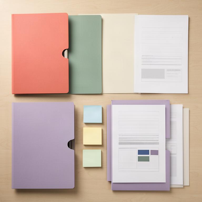 Carpetas de colores y notas adhesivas organizando un expediente jurídico