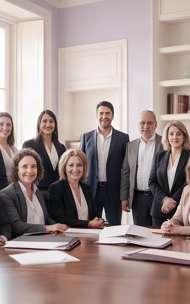Equipo de abogados reunido en un despacho luminoso de Piedras Blancas